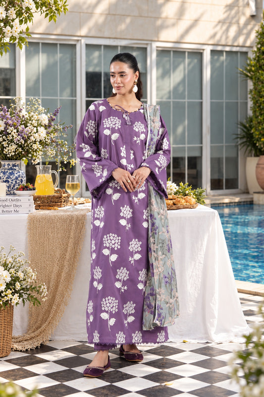 Ghazal Lavender 3-Piece Embroidered Lawn Suit with Printed Chiffon Dupatta