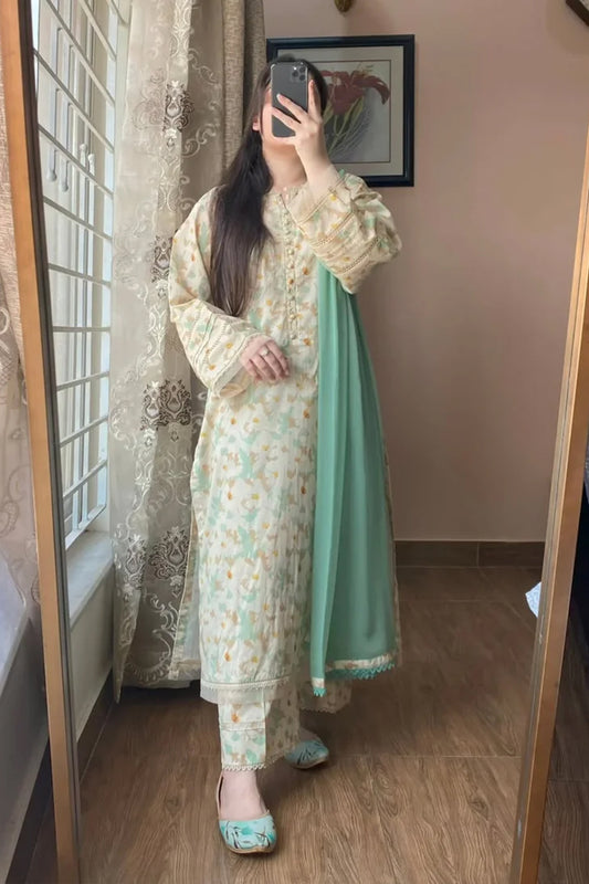 Cloude – Pastel Mint & Cream Printed Lawn Set