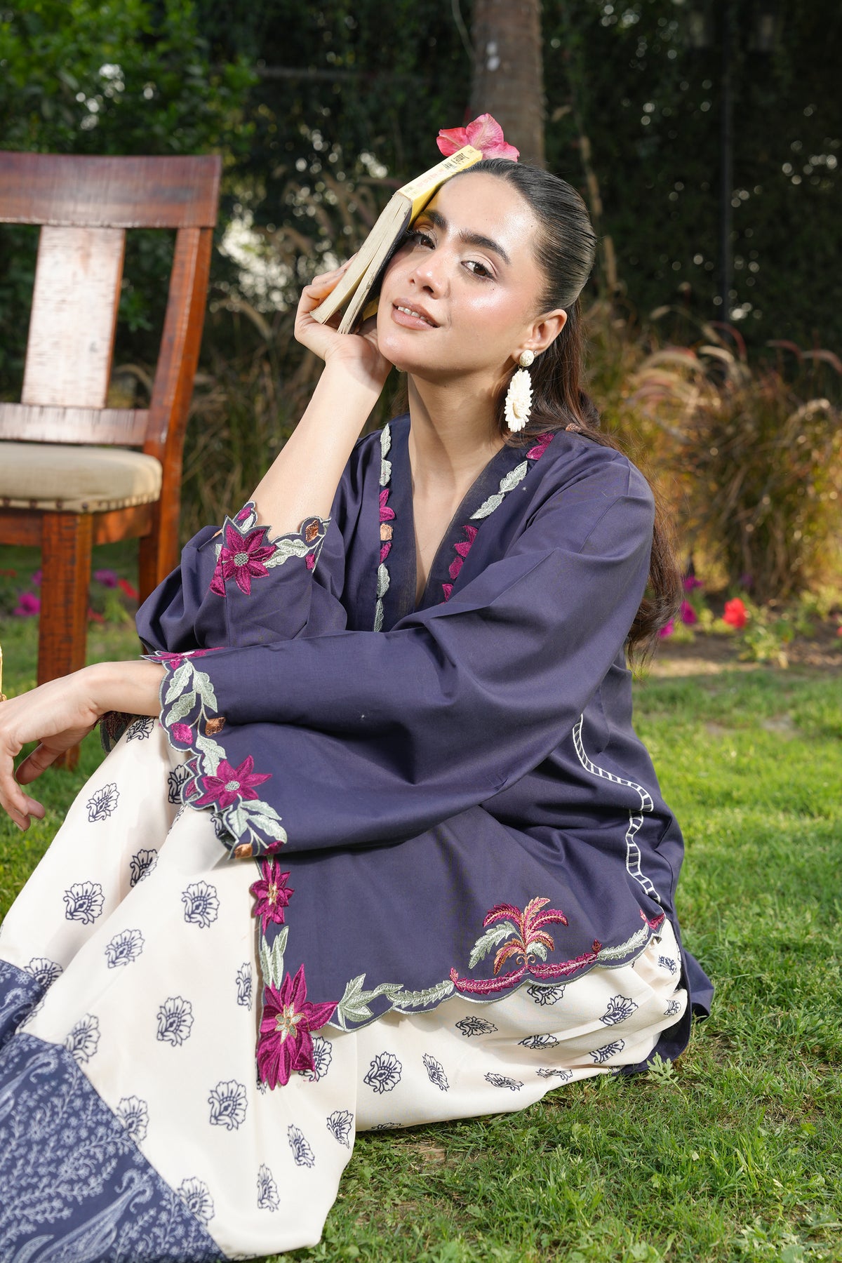 Ghazal Navy Blue 3-Piece Embroidered Suit with Printed Trouser & Floral Dupatta