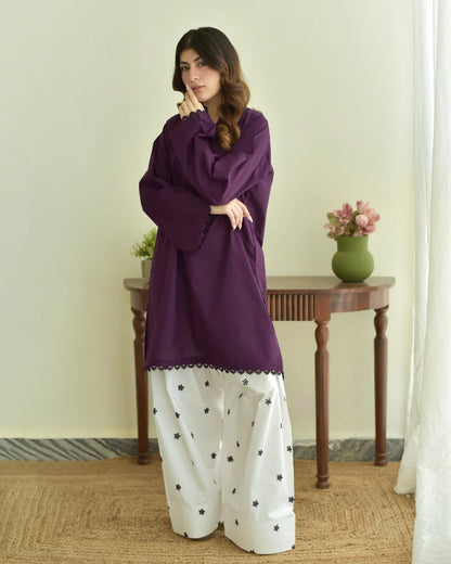 Valtee – Deep Plum Tunic with Embroidered Wide-Leg Shalwar