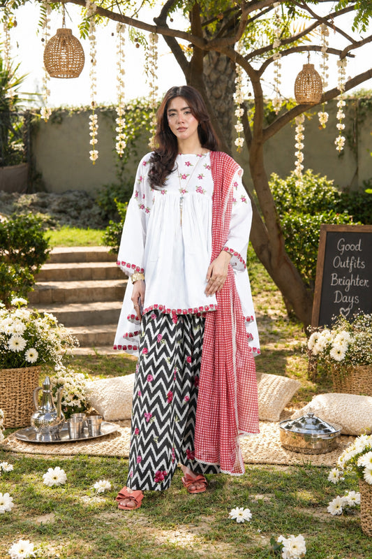 Ghazal White Floral 3-Piece Lawn Suit with Chevron Printed Trouser & Red Dupatta