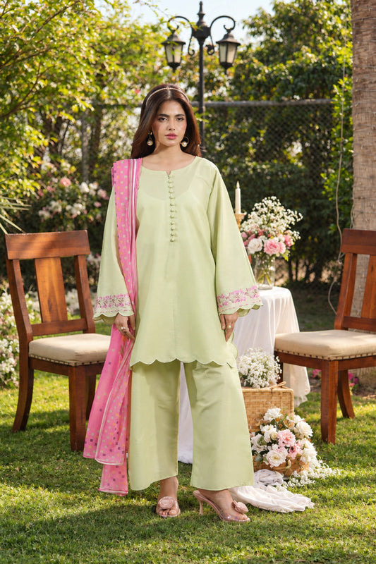Ghazal Pistachio Green 3-Piece Suit with Embroidered Sleeves & Pink Dupatta