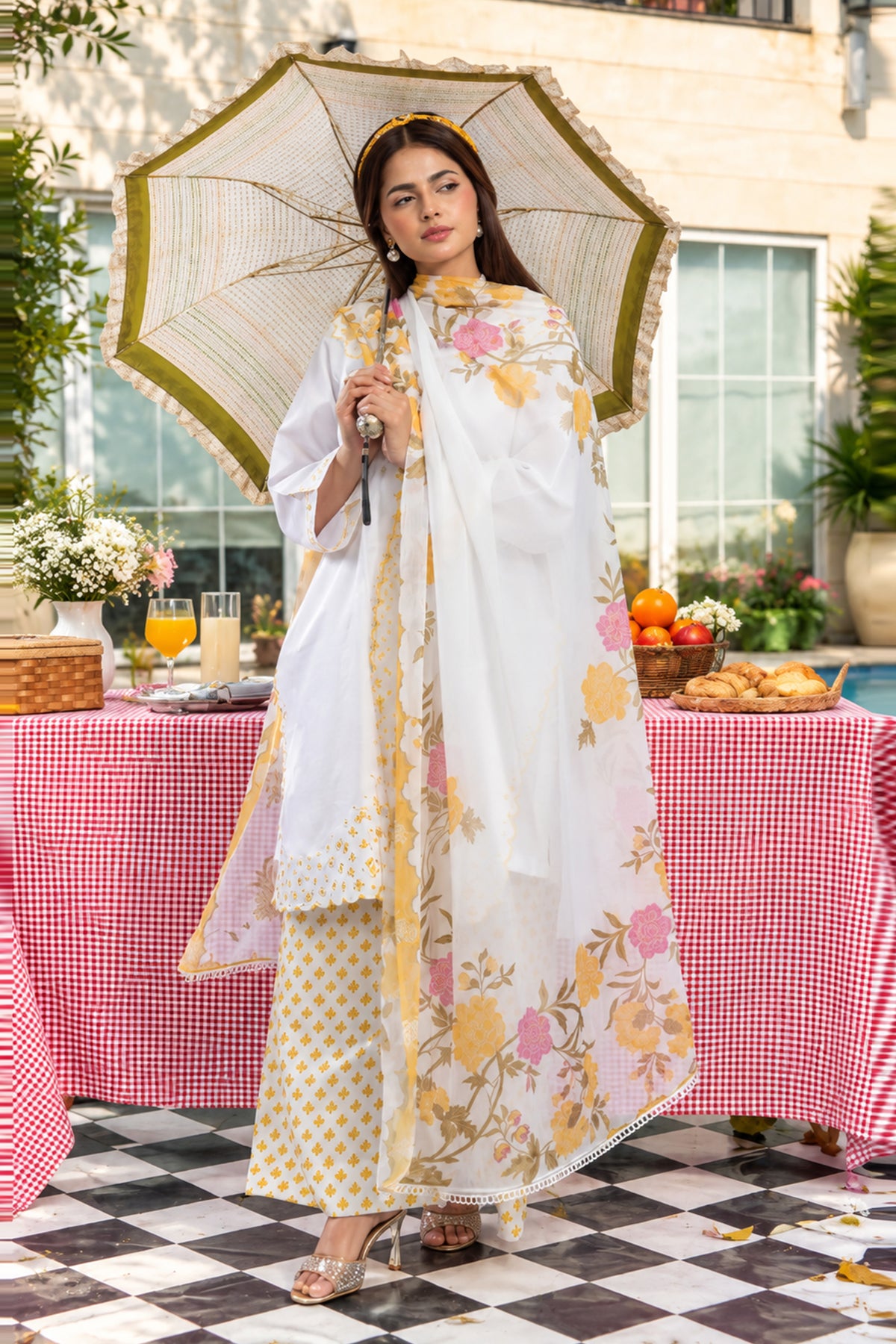Ghazal White 3-Piece Embroidered Suit with Floral Chiffon Dupatta