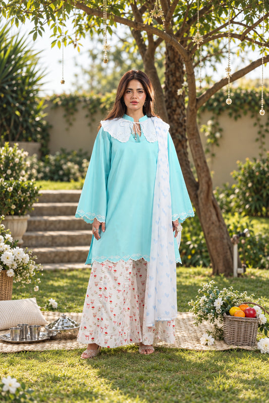 Ghazal Aqua 3-Piece Embroidered Suit with Printed Trouser & Sheer Dupatta