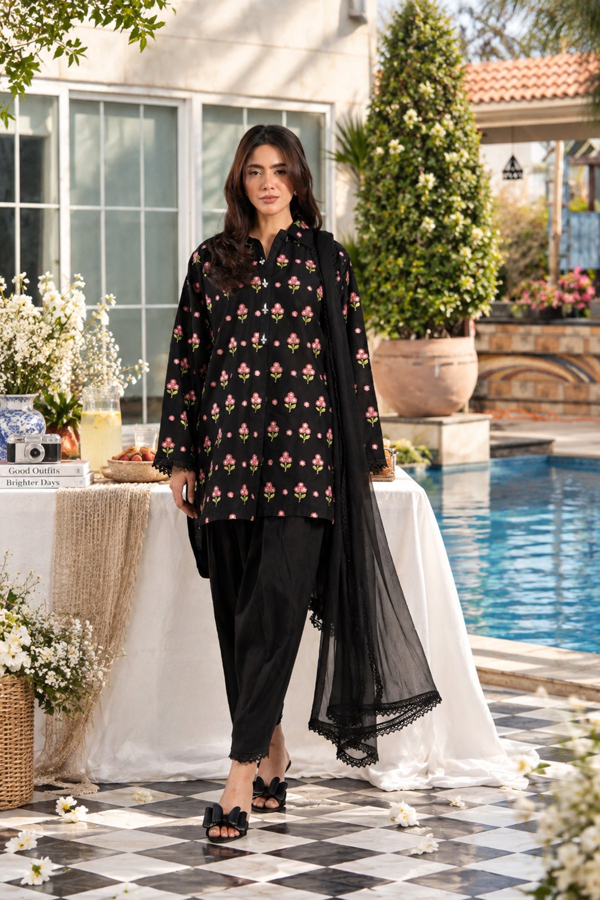 Black Floral 3-Piece Suit with Lace-Detail Dupatta