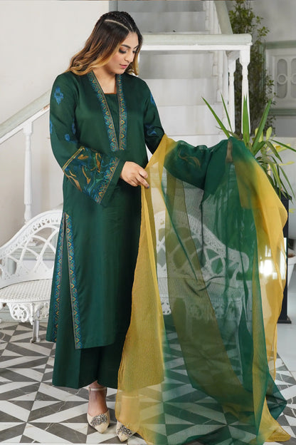 Emerald Green Embroidered 100% cotton 3-Piece Suit