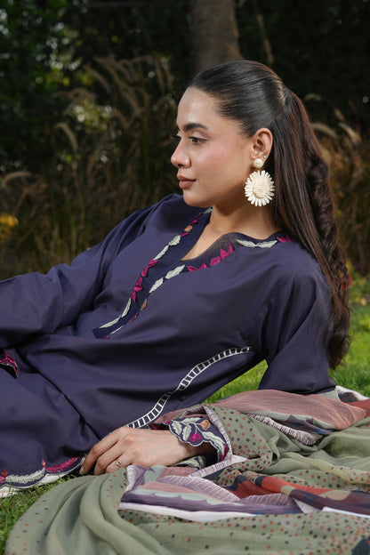 Ghazal Navy Blue 3-Piece Embroidered Suit with Printed Trouser & Floral Dupatta