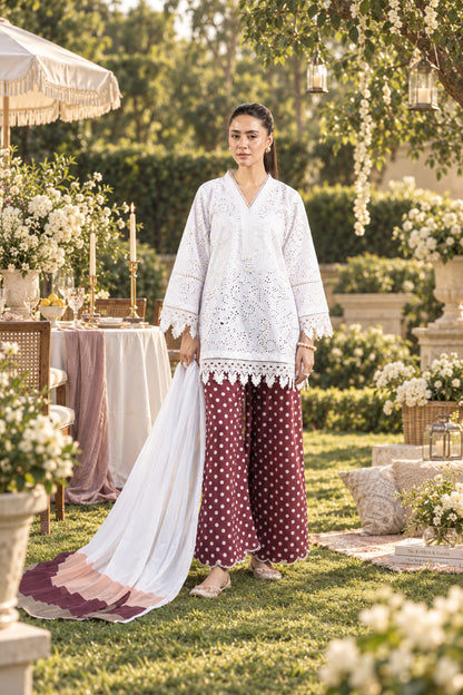 Ghazal White Chikankari-Inspired 3-Piece Suit with Maroon Polka Dot Trouser