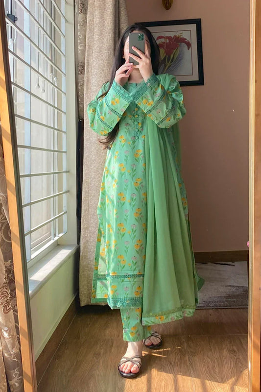 Pregree – Pastel Mint Floral Embroidered 3-Piece Suite
