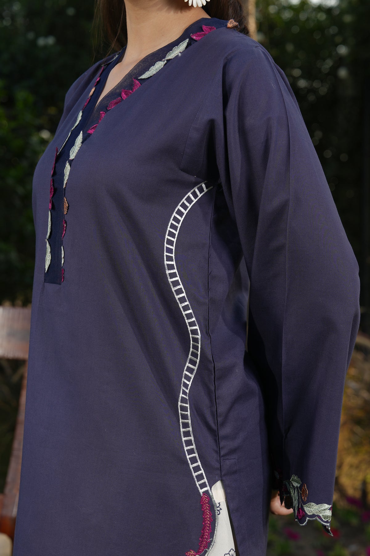 Ghazal Navy Blue 3-Piece Embroidered Suit with Printed Trouser & Floral Dupatta