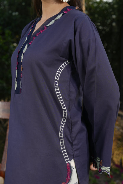 Ghazal Navy Blue 3-Piece Embroidered Suit with Printed Trouser & Floral Dupatta
