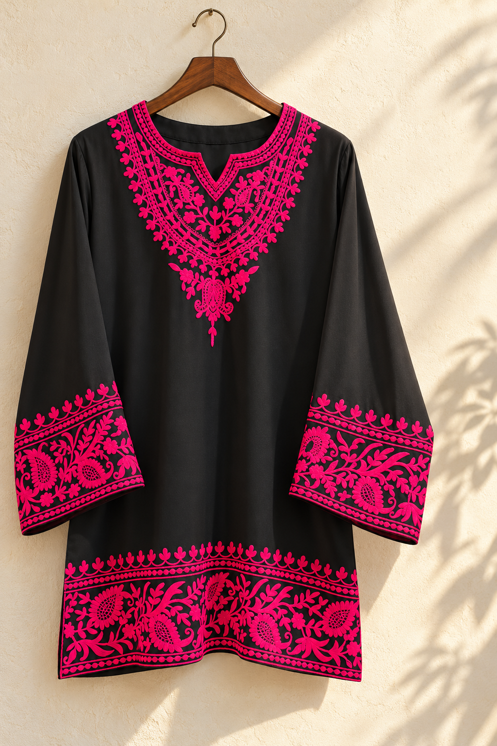 Black 2-Piece Embroidered Suit with Hot Pink Floral Detailing
