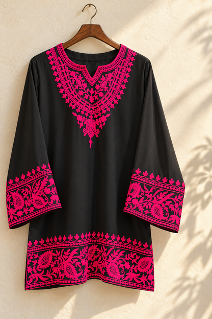 Black 2-Piece Embroidered Suit with Hot Pink Floral Detailing