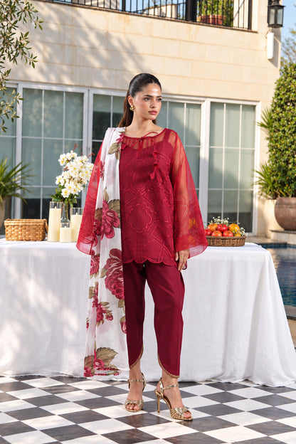 Ghazal Crimson 3-Piece Embroidered Suit with Floral Chiffon Dupatta