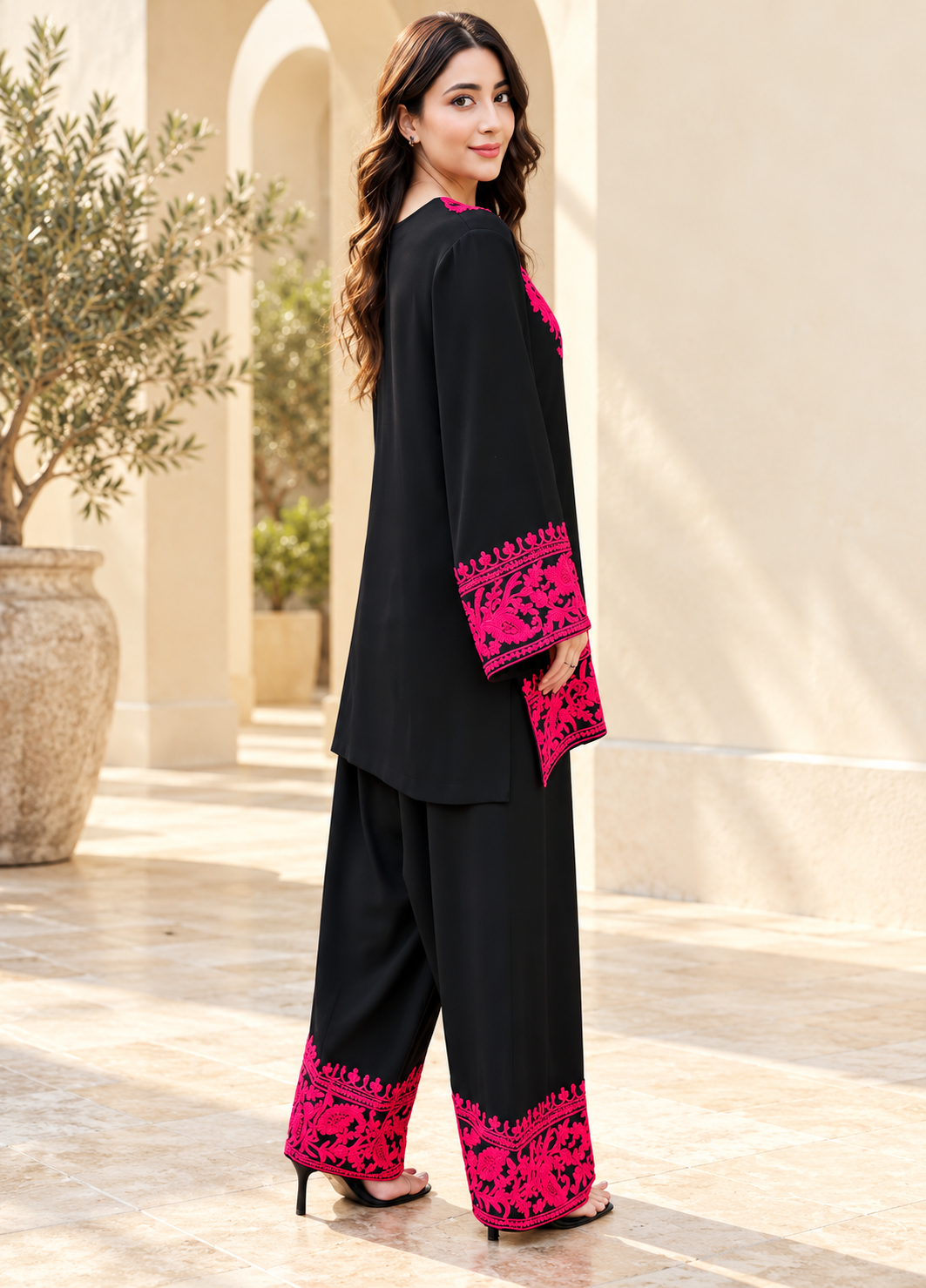 Black 2-Piece Embroidered Suit with Hot Pink Floral Detailing