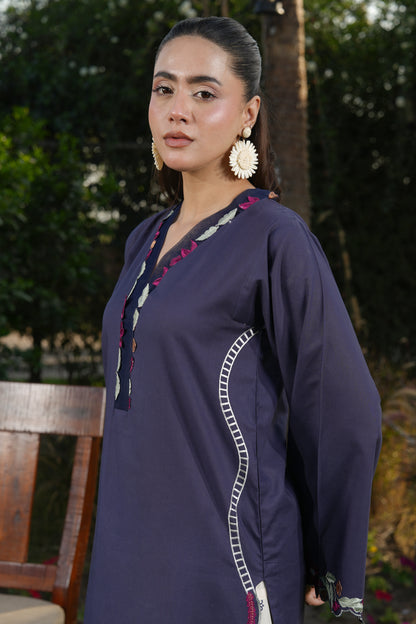 Ghazal Navy Blue 3-Piece Embroidered Suit with Printed Trouser & Floral Dupatta
