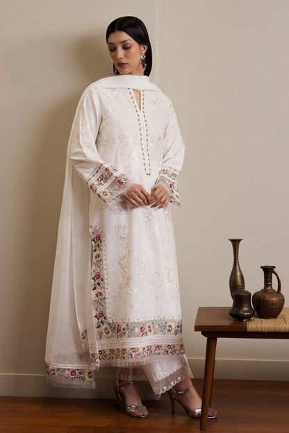 Whitshee – Ivory Festive Organza & Lawn Set with Multi-Flora Embroidery