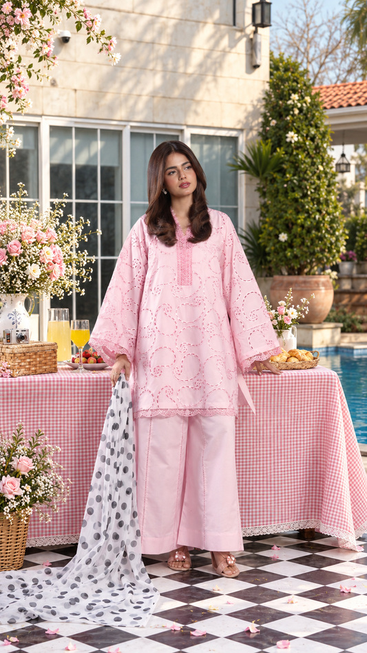 Ghazal Blush Pink 3-Piece Embroidered Lawn Suit with Polka Dot Chiffon Dupatta