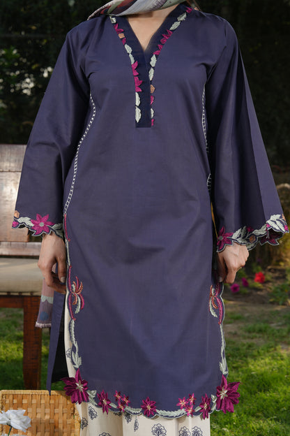 Ghazal Navy Blue 3-Piece Embroidered Suit with Printed Trouser & Floral Dupatta