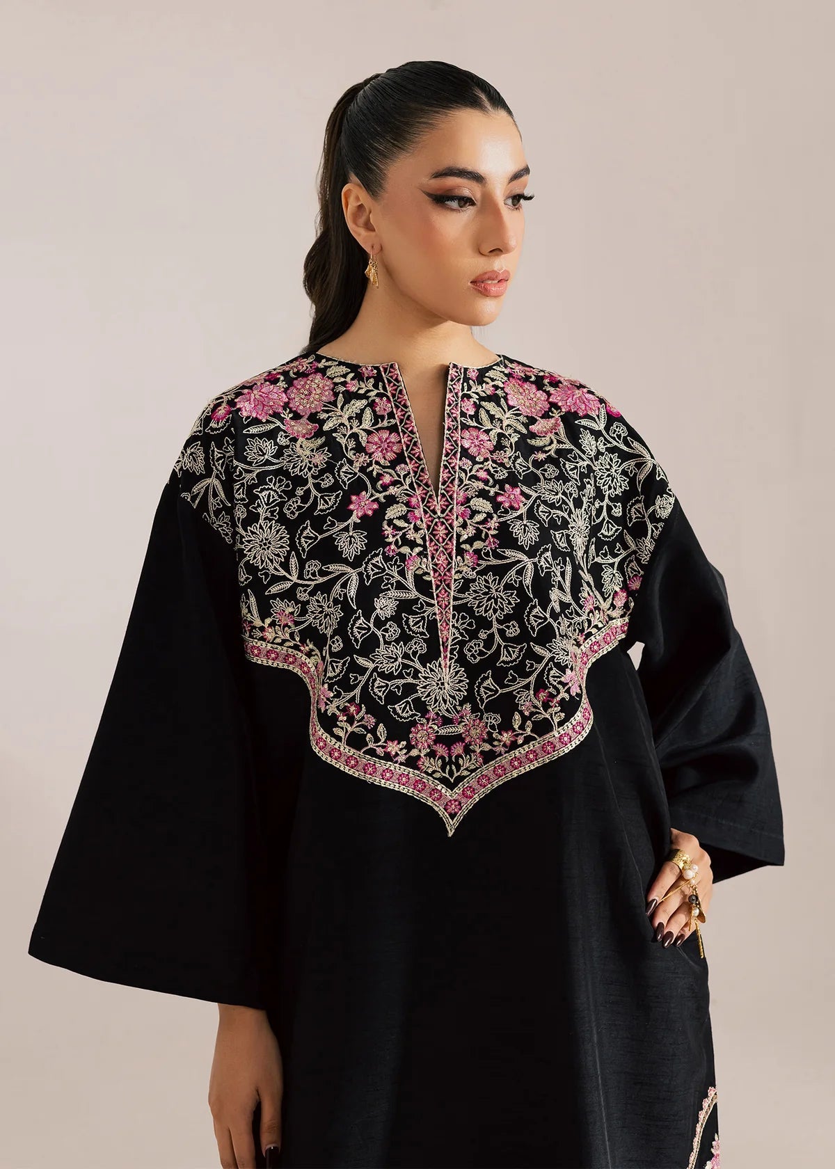 Black Silhouette Embroidered 100% cotton 2 Piece Suit