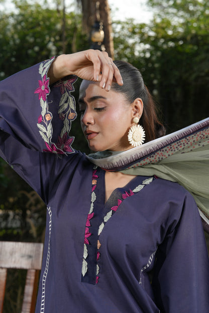 Ghazal Navy Blue 3-Piece Embroidered Suit with Printed Trouser & Floral Dupatta