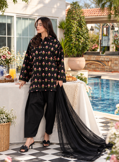 Black Floral 3-Piece Suit with Lace-Detail Dupatta