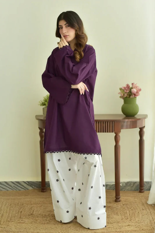 Valtee – Deep Plum Tunic with Embroidered Wide-Leg Shalwar