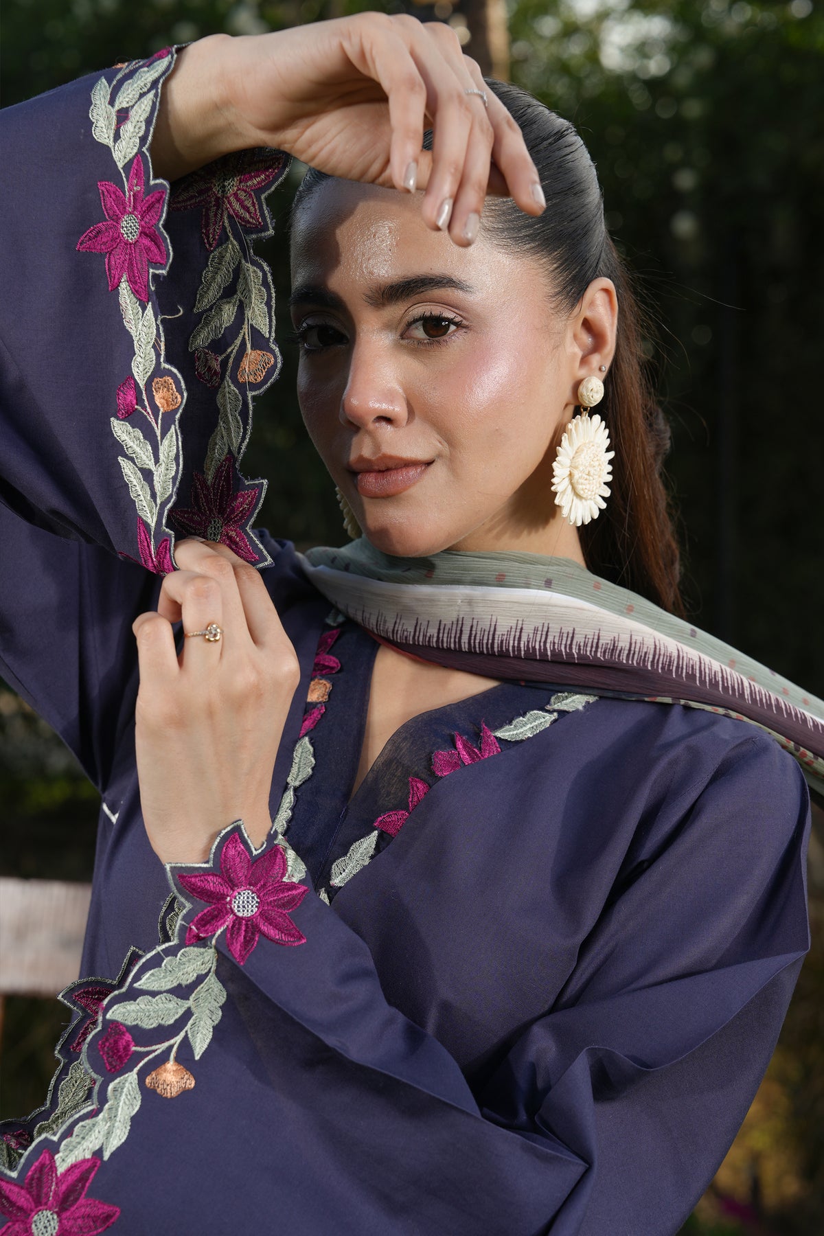 Ghazal Navy Blue 3-Piece Embroidered Suit with Printed Trouser & Floral Dupatta