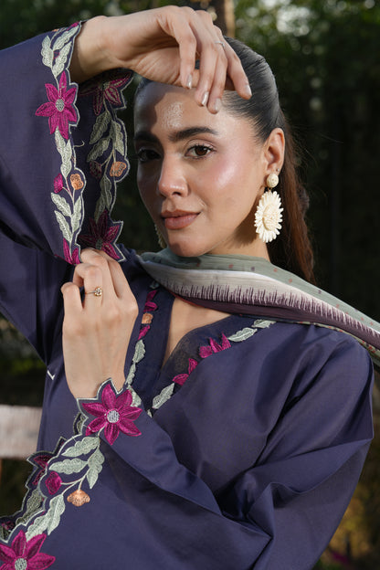 Ghazal Navy Blue 3-Piece Embroidered Suit with Printed Trouser & Floral Dupatta
