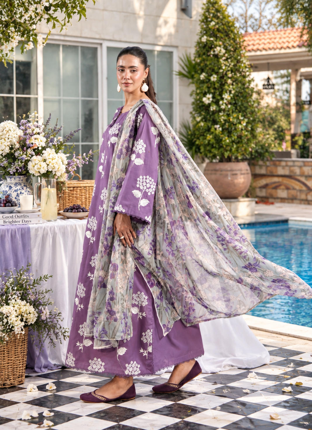 Ghazal Lavender 3-Piece Embroidered Lawn Suit with Printed Chiffon Dupatta