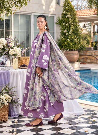 Ghazal Lavender 3-Piece Embroidered Lawn Suit with Printed Chiffon Dupatta