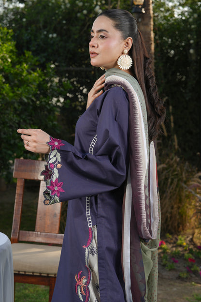 Ghazal Navy Blue 3-Piece Embroidered Suit with Printed Trouser & Floral Dupatta