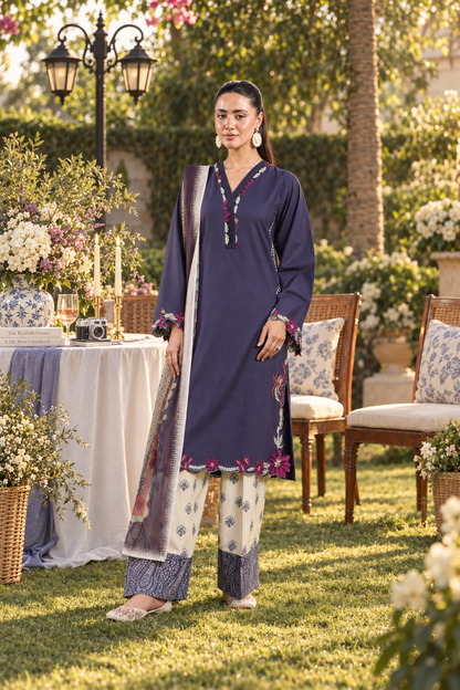 Ghazal Navy Blue 3-Piece Embroidered Suit with Printed Trouser & Floral Dupatta