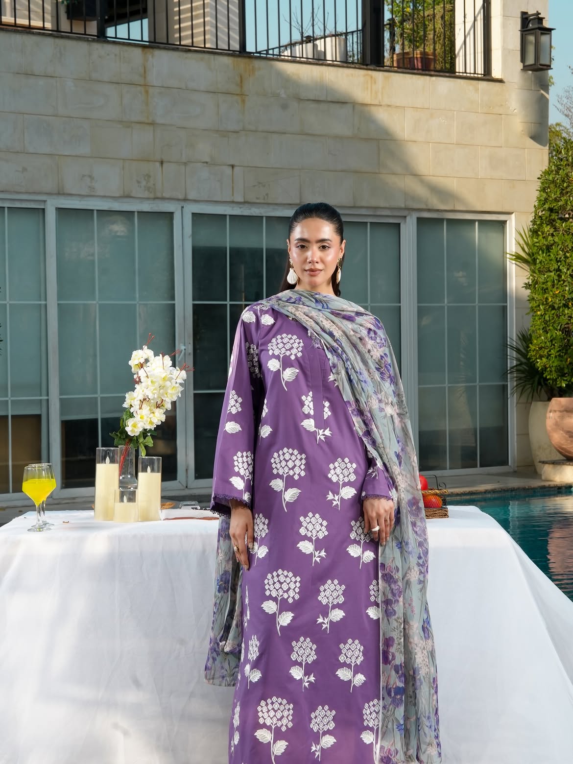 Ghazal Lavender 3-Piece Embroidered Lawn Suit with Printed Chiffon Dupatta