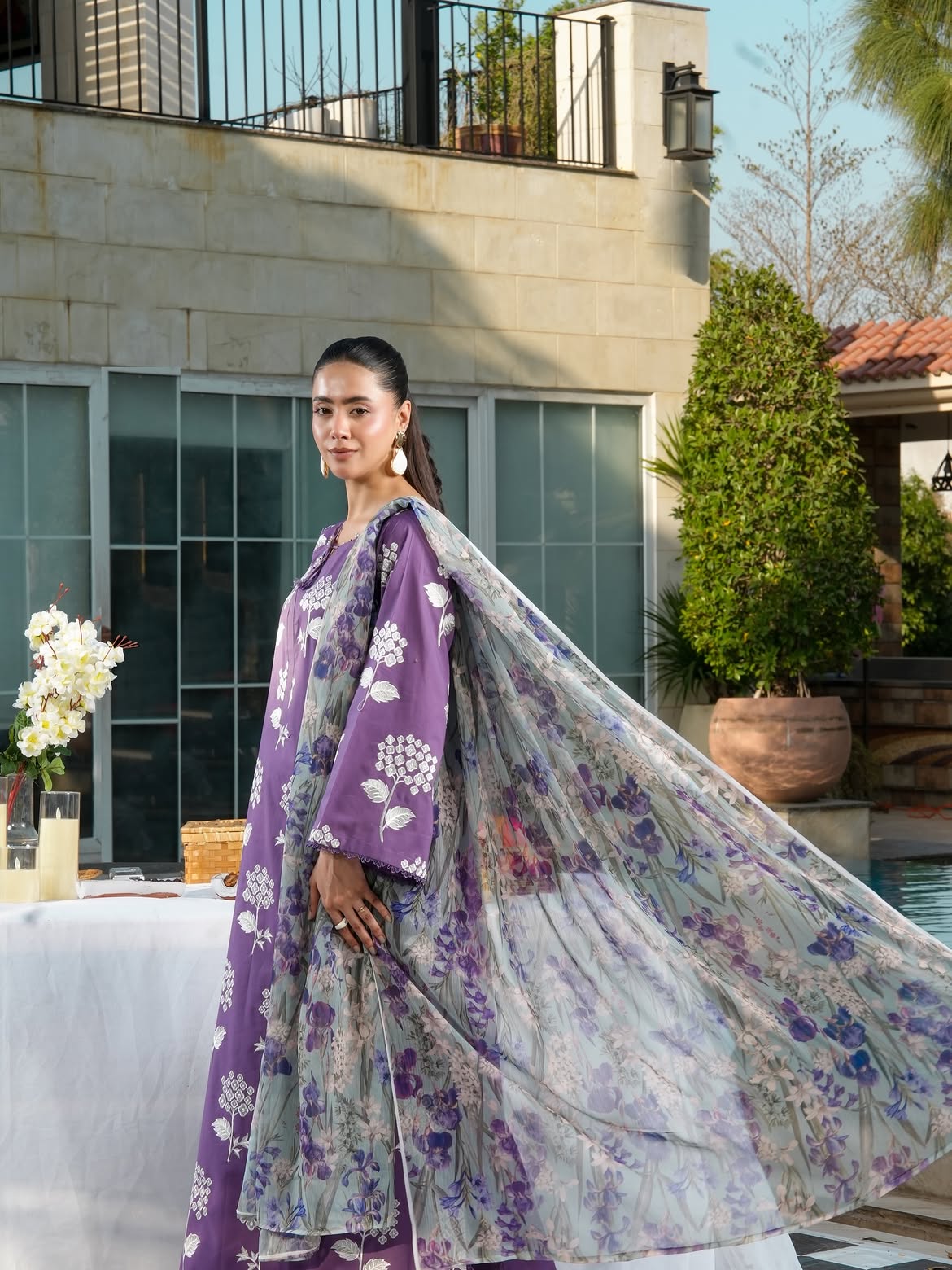 Ghazal Lavender 3-Piece Embroidered Lawn Suit with Printed Chiffon Dupatta
