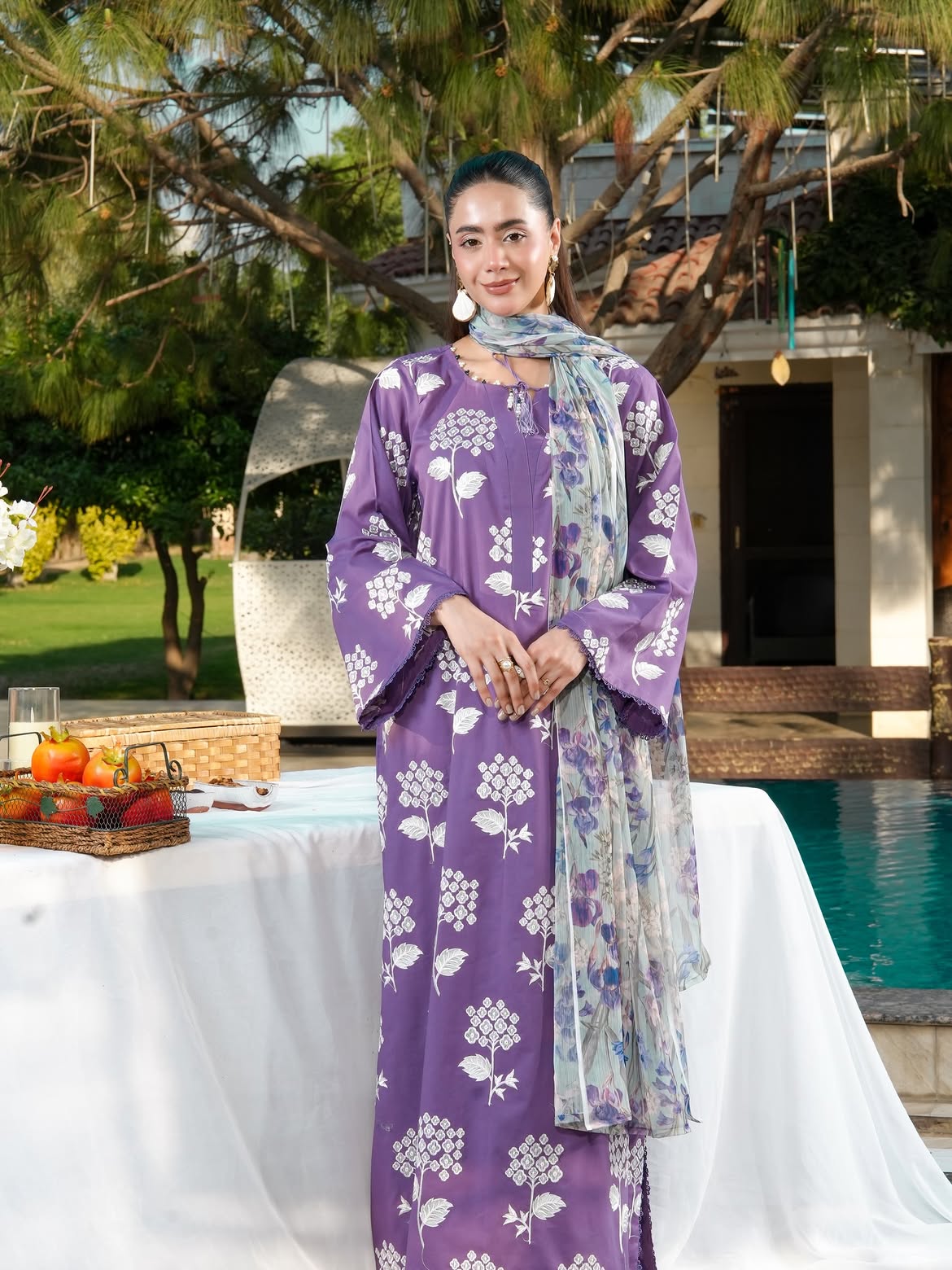Ghazal Lavender 3-Piece Embroidered Lawn Suit with Printed Chiffon Dupatta