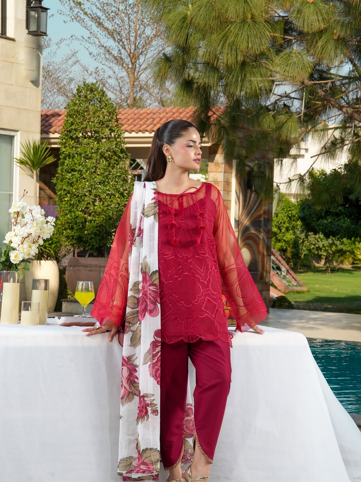 Ghazal Crimson 3-Piece Embroidered Suit with Floral Chiffon Dupatta