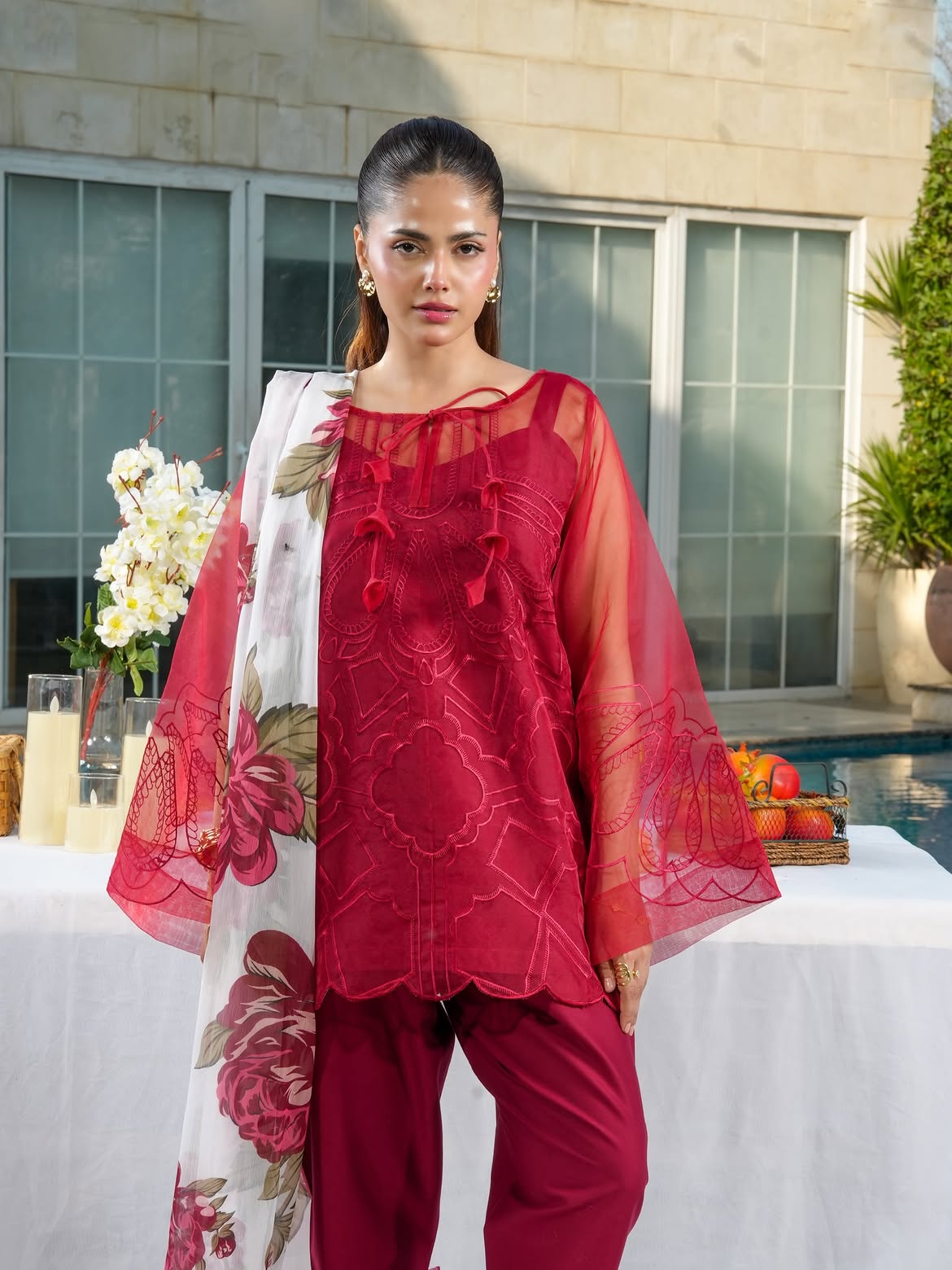Ghazal Crimson 3-Piece Embroidered Suit with Floral Chiffon Dupatta