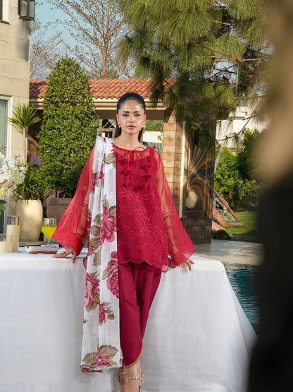 Ghazal Crimson 3-Piece Embroidered Suit with Floral Chiffon Dupatta
