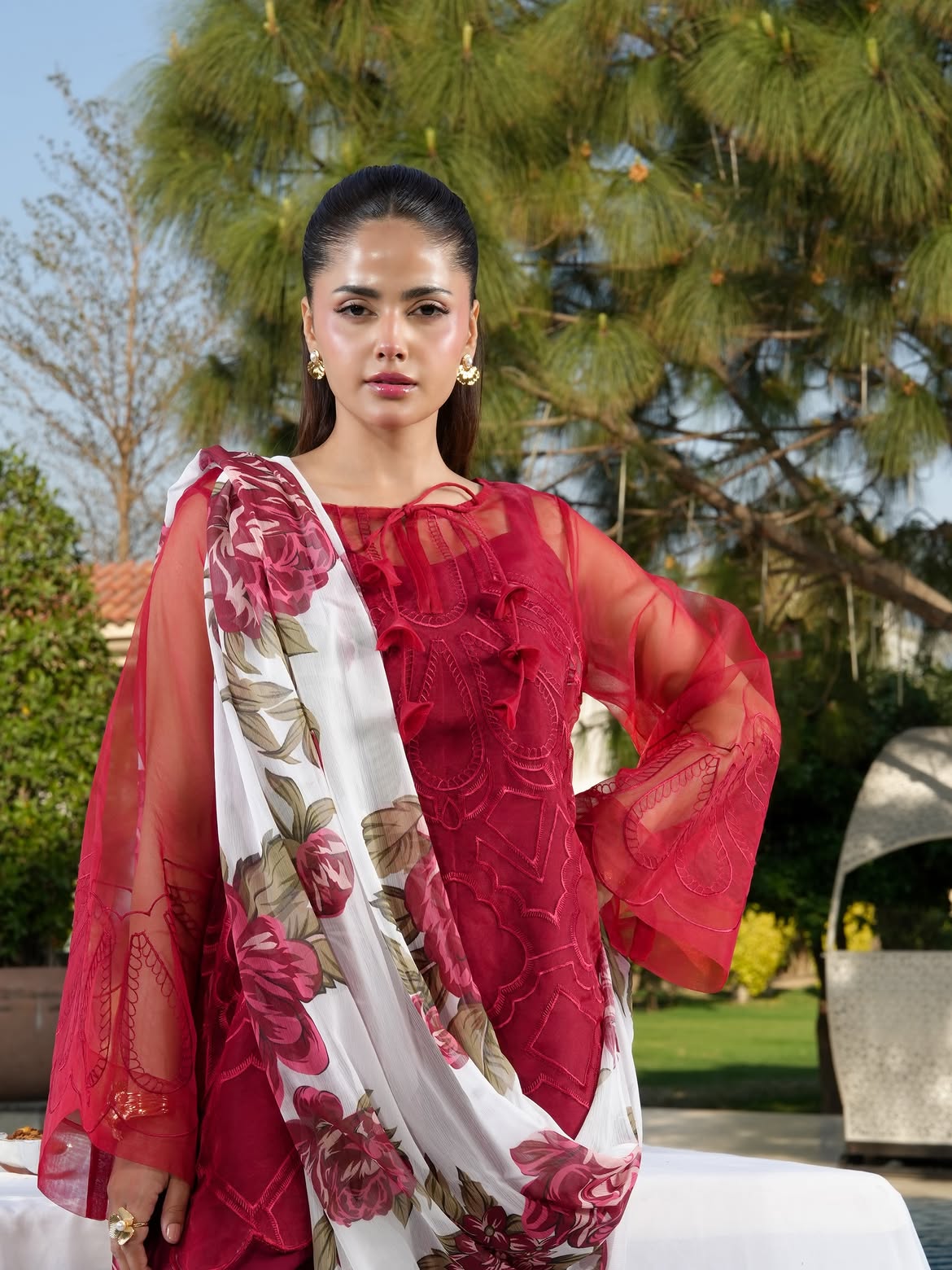 Ghazal Crimson 3-Piece Embroidered Suit with Floral Chiffon Dupatta