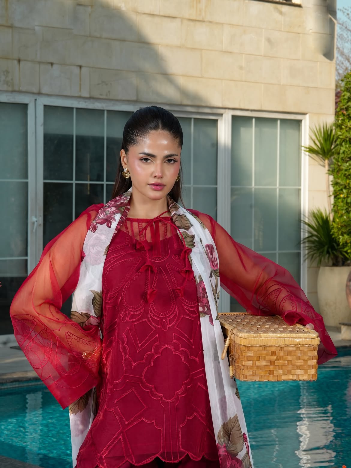 Ghazal Crimson 3-Piece Embroidered Suit with Floral Chiffon Dupatta