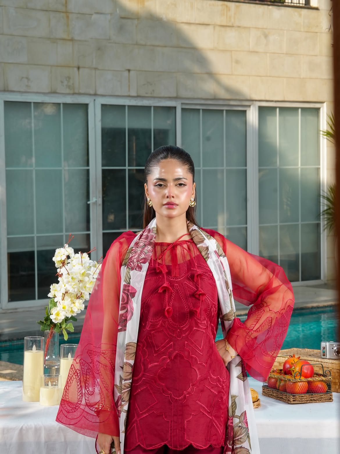 Ghazal Crimson 3-Piece Embroidered Suit with Floral Chiffon Dupatta