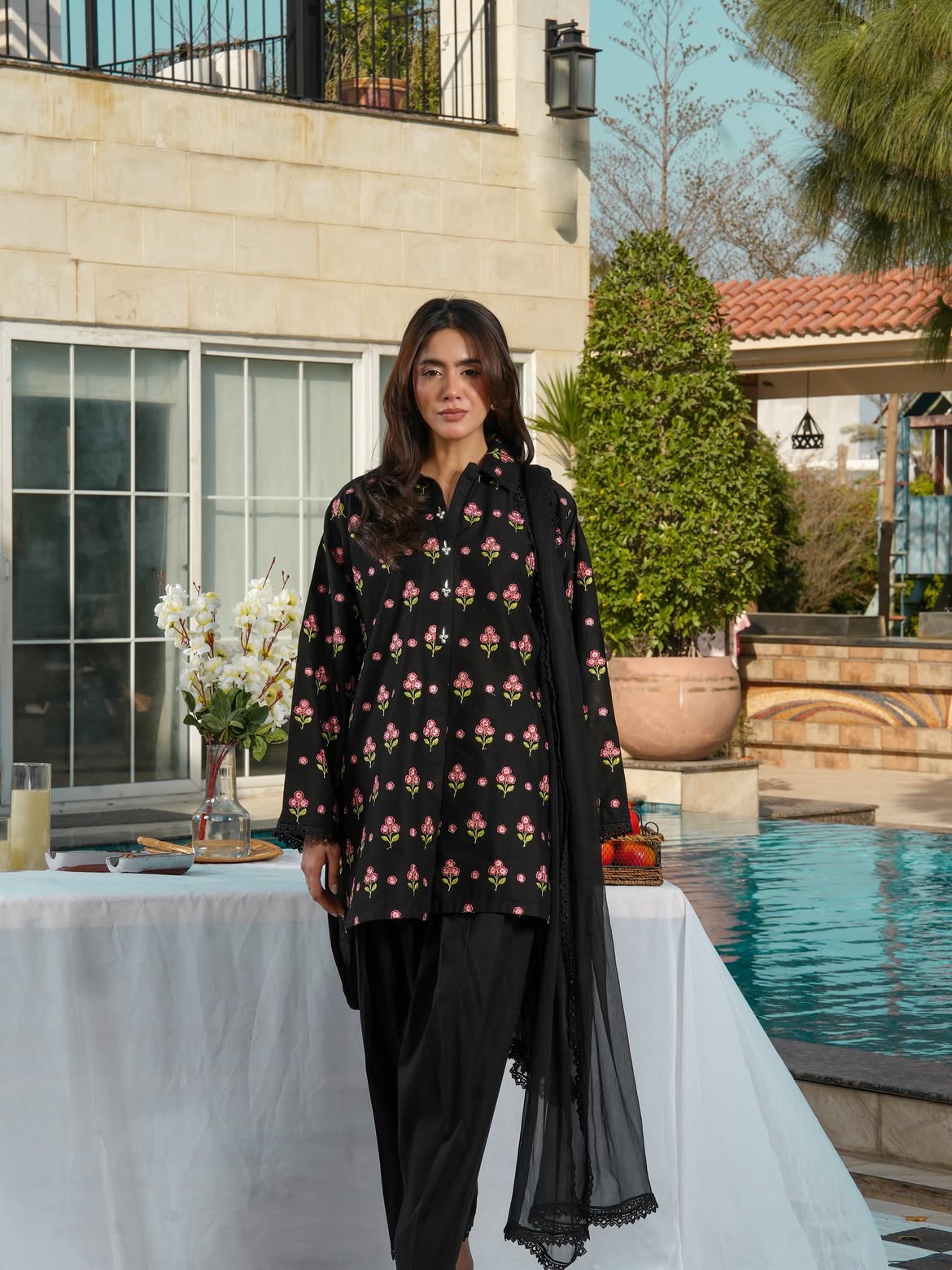 Black Floral 3-Piece Suit with Lace-Detail Dupatta