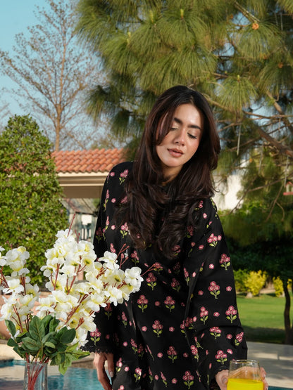 Black Floral 3-Piece Suit with Lace-Detail Dupatta