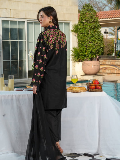 Black Floral 3-Piece Suit with Lace-Detail Dupatta