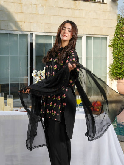 Black Floral 3-Piece Suit with Lace-Detail Dupatta