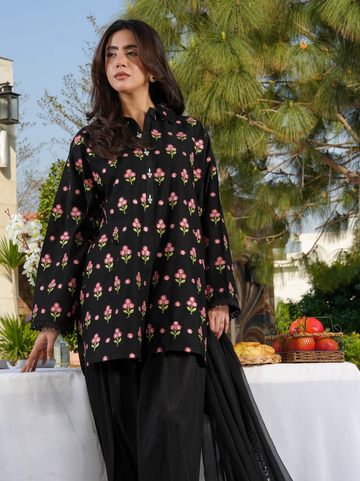 Black Floral 3-Piece Suit with Lace-Detail Dupatta