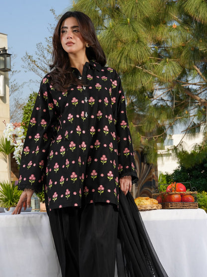 Black Floral 3-Piece Suit with Lace-Detail Dupatta
