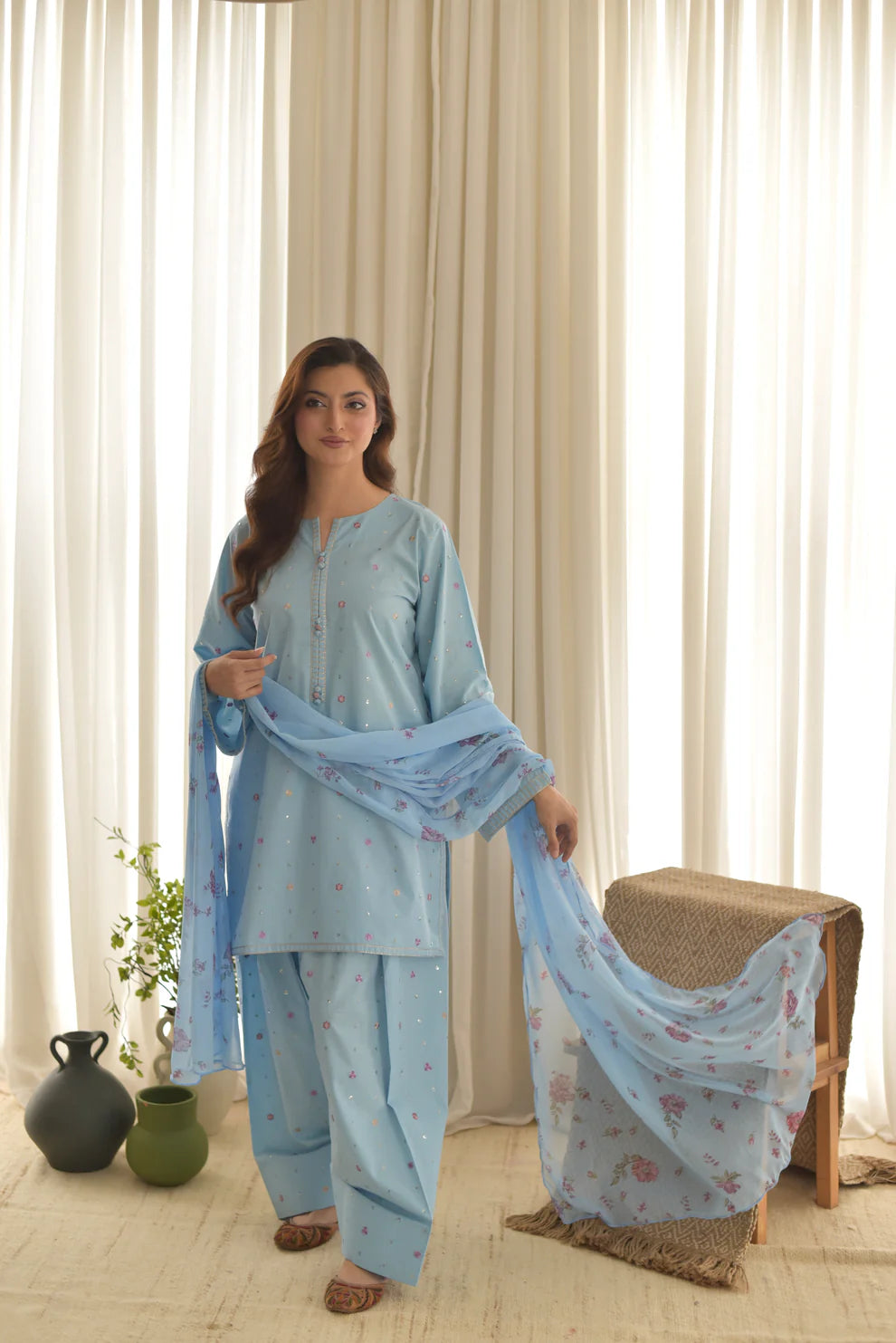Skyree – Powder Blue Festive Lawn Set with Embroidered Shalwar