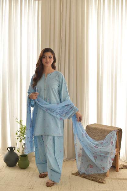 Skyree – Powder Blue Festive Lawn Set with Embroidered Shalwar
